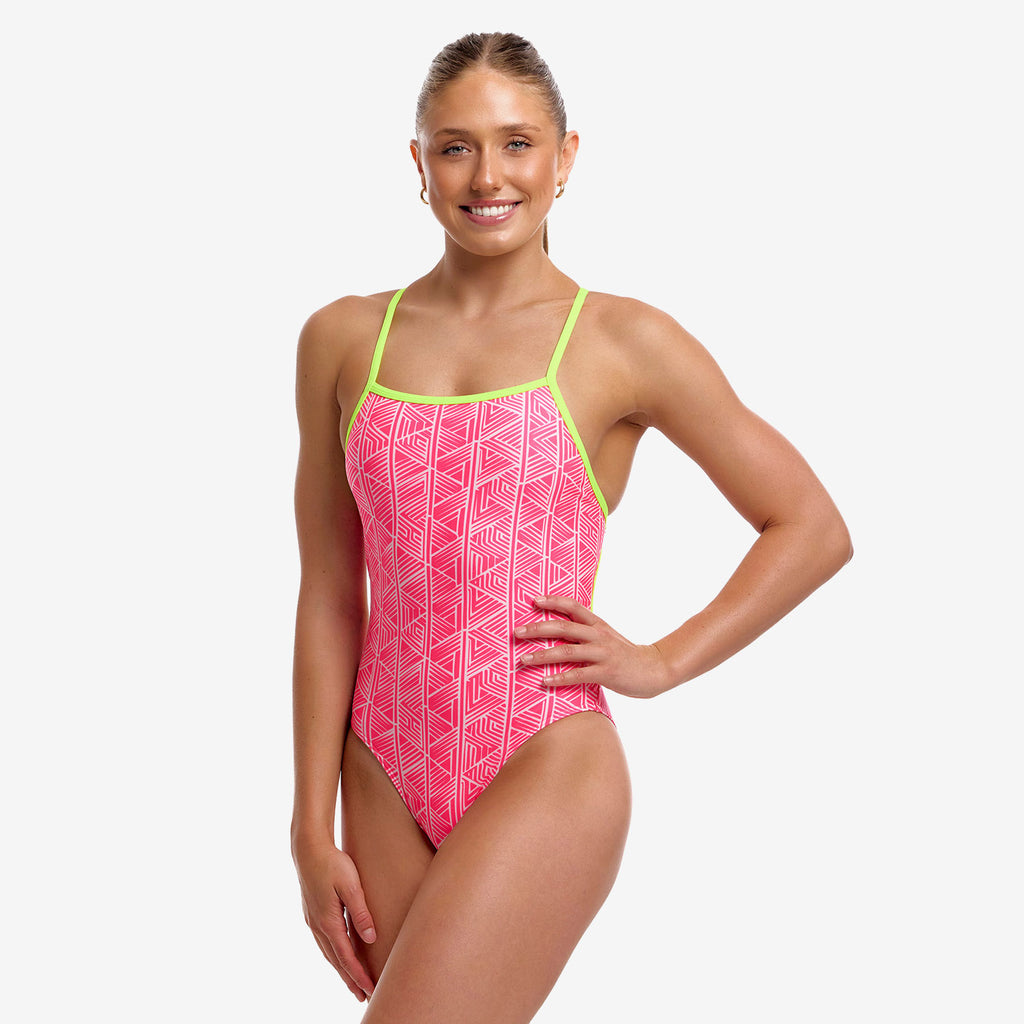 Funkita Women's Sweet Stack Tie Me Tight One Piece - PINK/WHITE, front
