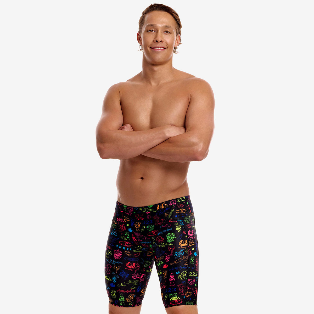 Funky Trunks Men's Training Jammers - DOODLES, front arms crossed