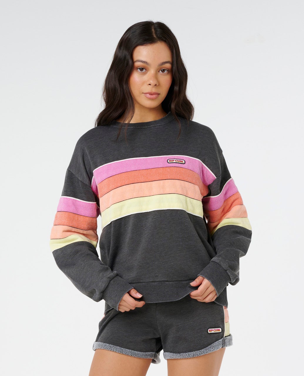Rip Curl Women's Surf Revival Relaxed Crewneck in Washed Black, front