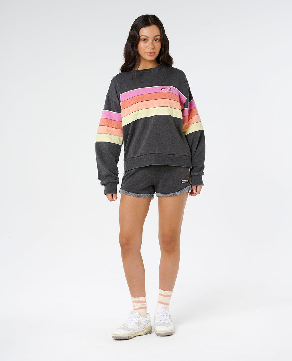 Rip Curl Women's Surf Revival Relaxed Crewneck in Washed Black, detail