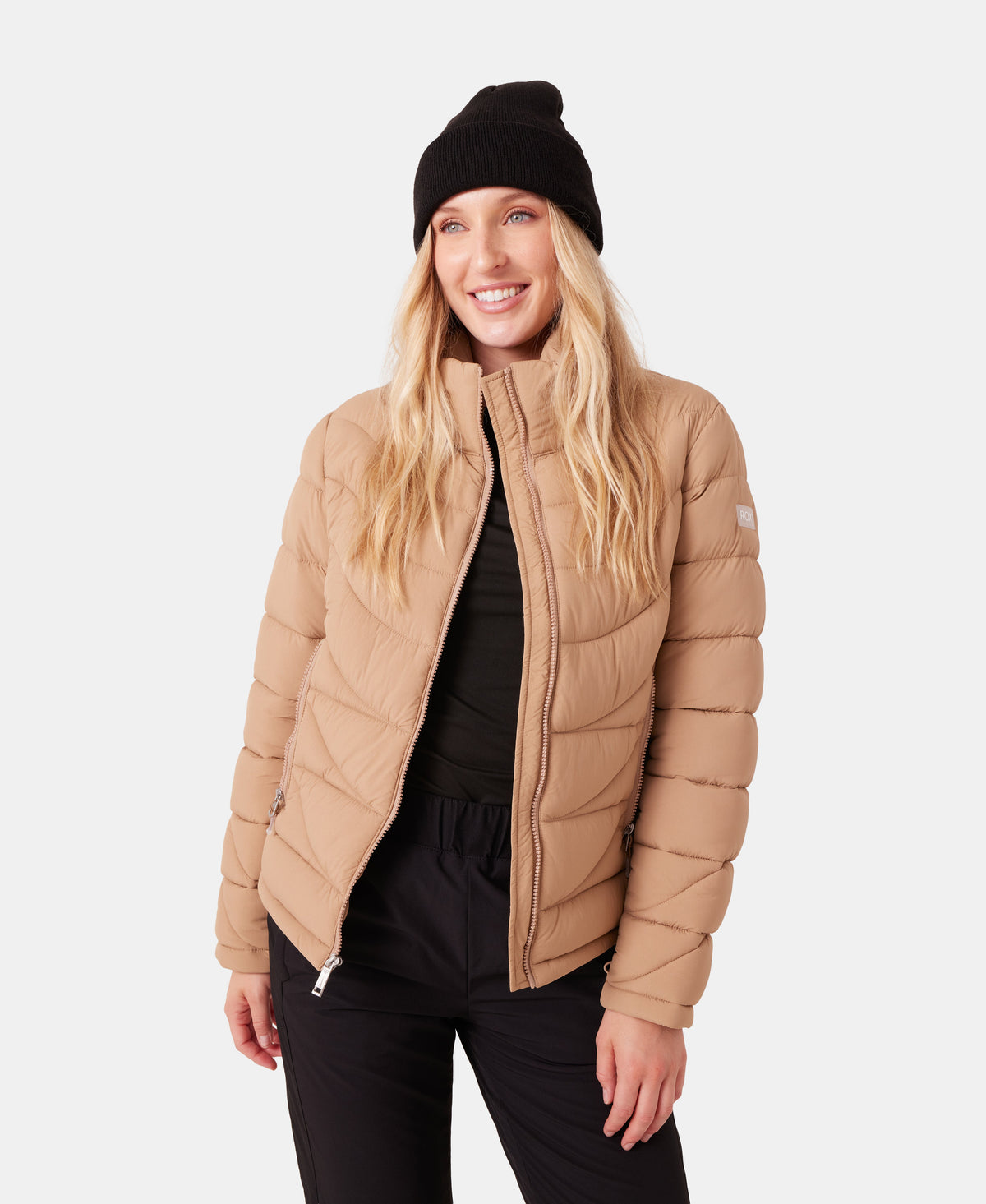 Roxy Women's Christal Packable Liner in Taupe, front unzipped