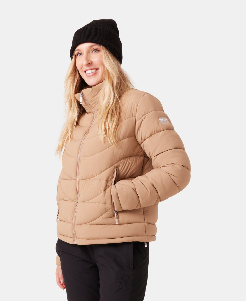 Roxy Women's Christal Packable Liner in Taupe, side with hand pocket