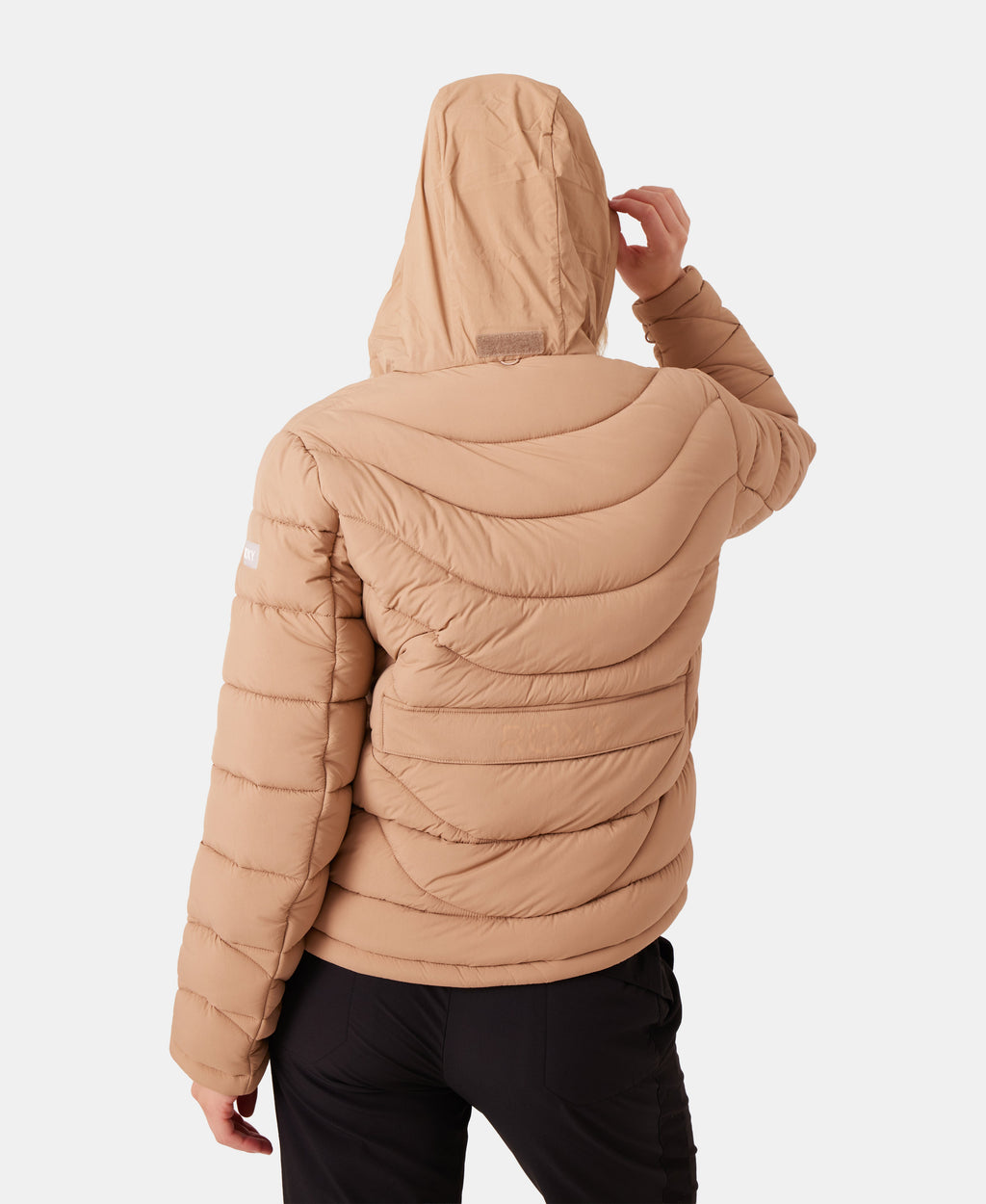 Roxy Women's Christal Packable Liner in Taupe, hood up from behind