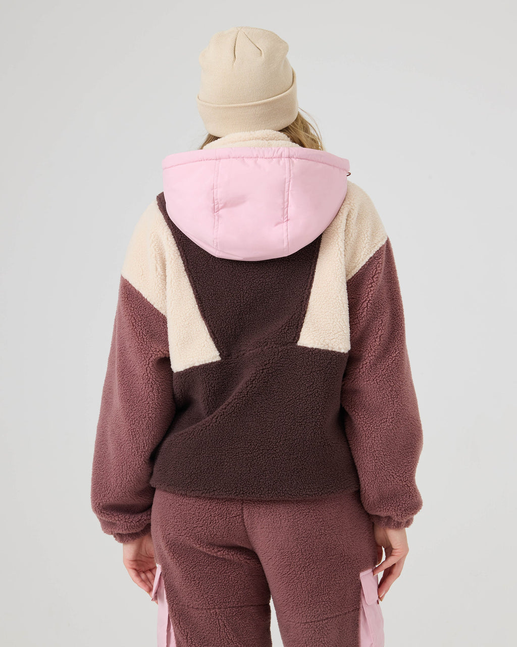 Roxy Women's Rita Half-Zip Sherpa Anorak - Fog, back view with hood
