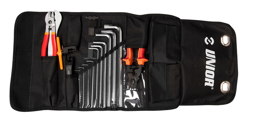 Unior BMX Tool Roll - Black roll with tools, open view