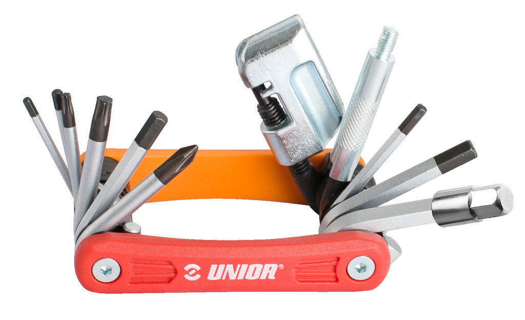 Unior Multitool Euro 13 - Red/Orange, tools fanned open
