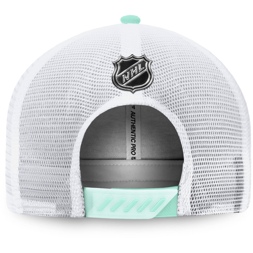Fanatics Seattle Kraken 2022 NHL Draft Authentic Pro Structured Trucker Hat - rear view with NHL shield