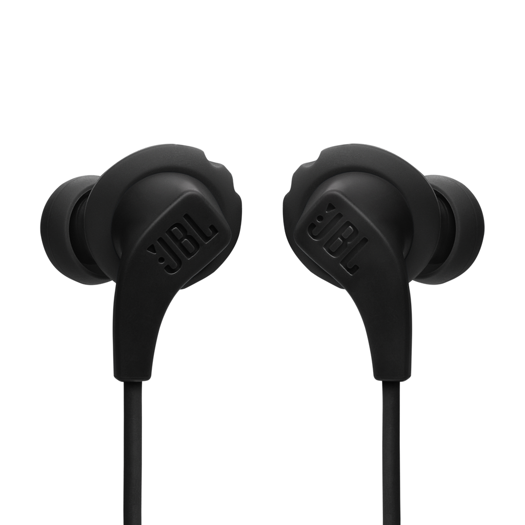 JBL Endurance Run 2 Wireless earbuds in black, front view of the earbuds