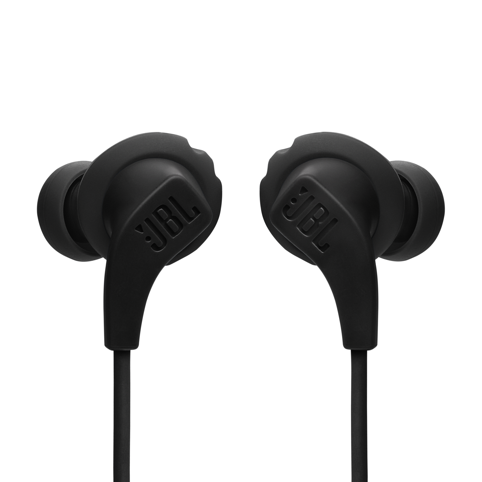 JBL Endurance Run 2 Wireless earbuds in black, front view of the earbuds