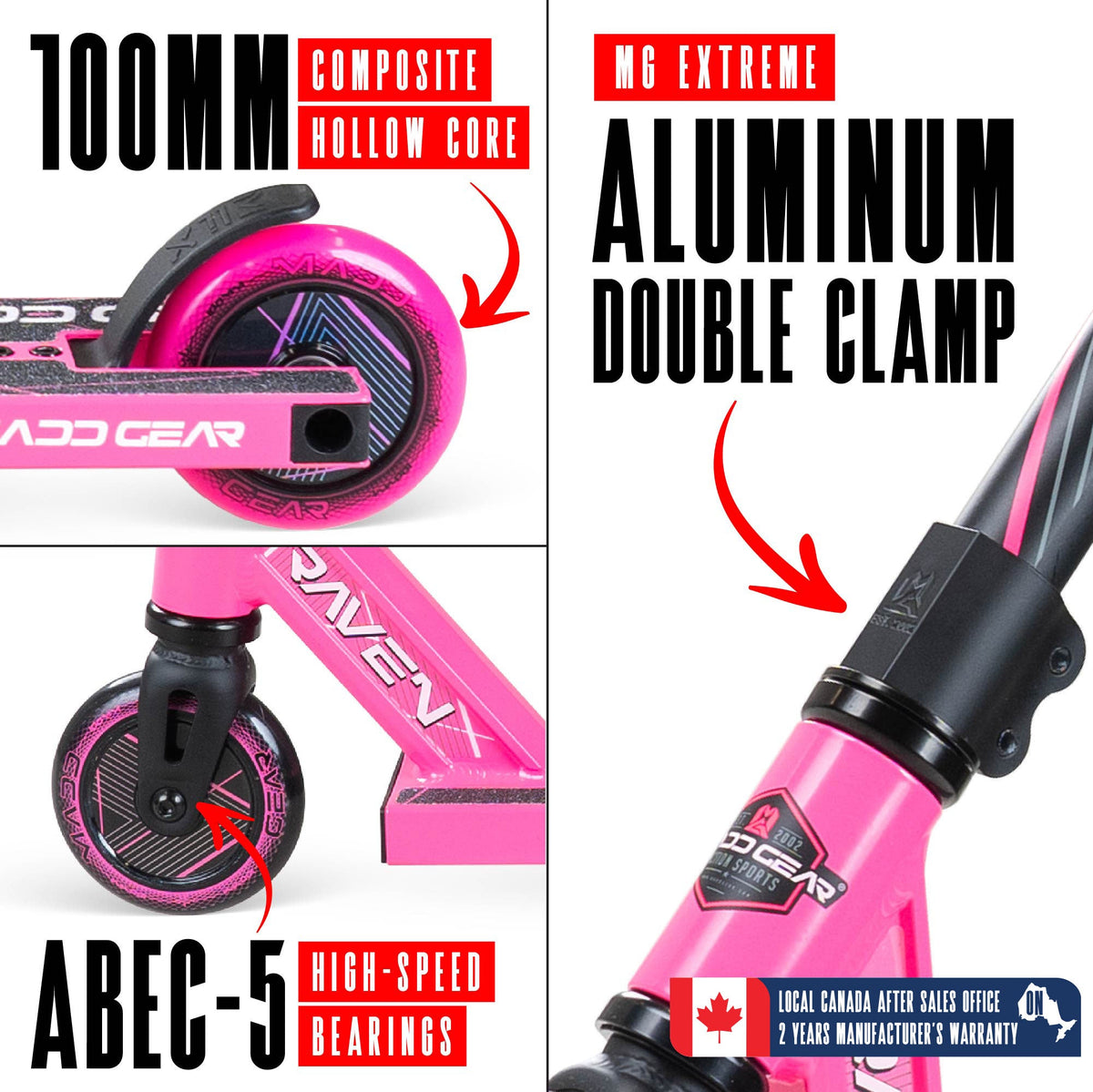 Madd Gear MG1 Raven Pro Stunt Scooter - PINK/BLACK, wheel and brake detail
