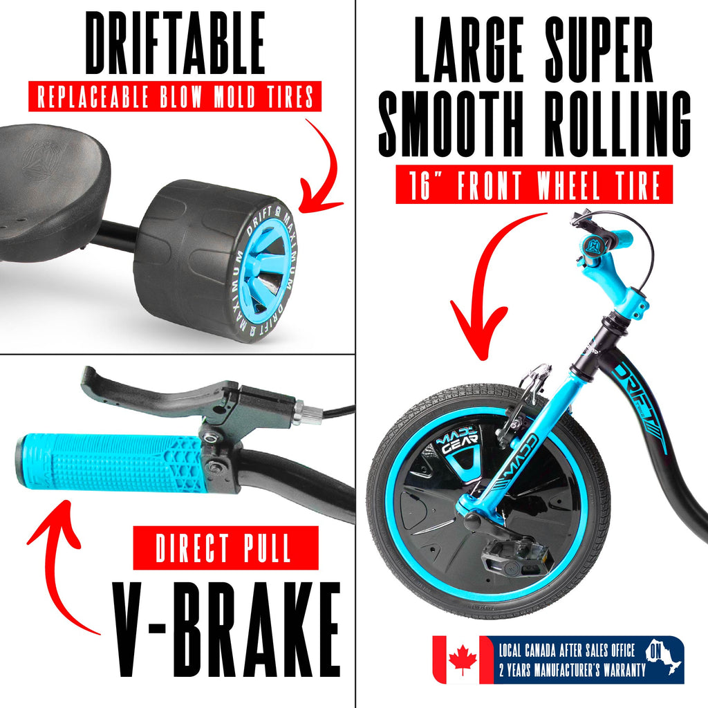 Madd Gear Drift Trike - BLACK/BLUE, drift wheel, front tire and brake detail