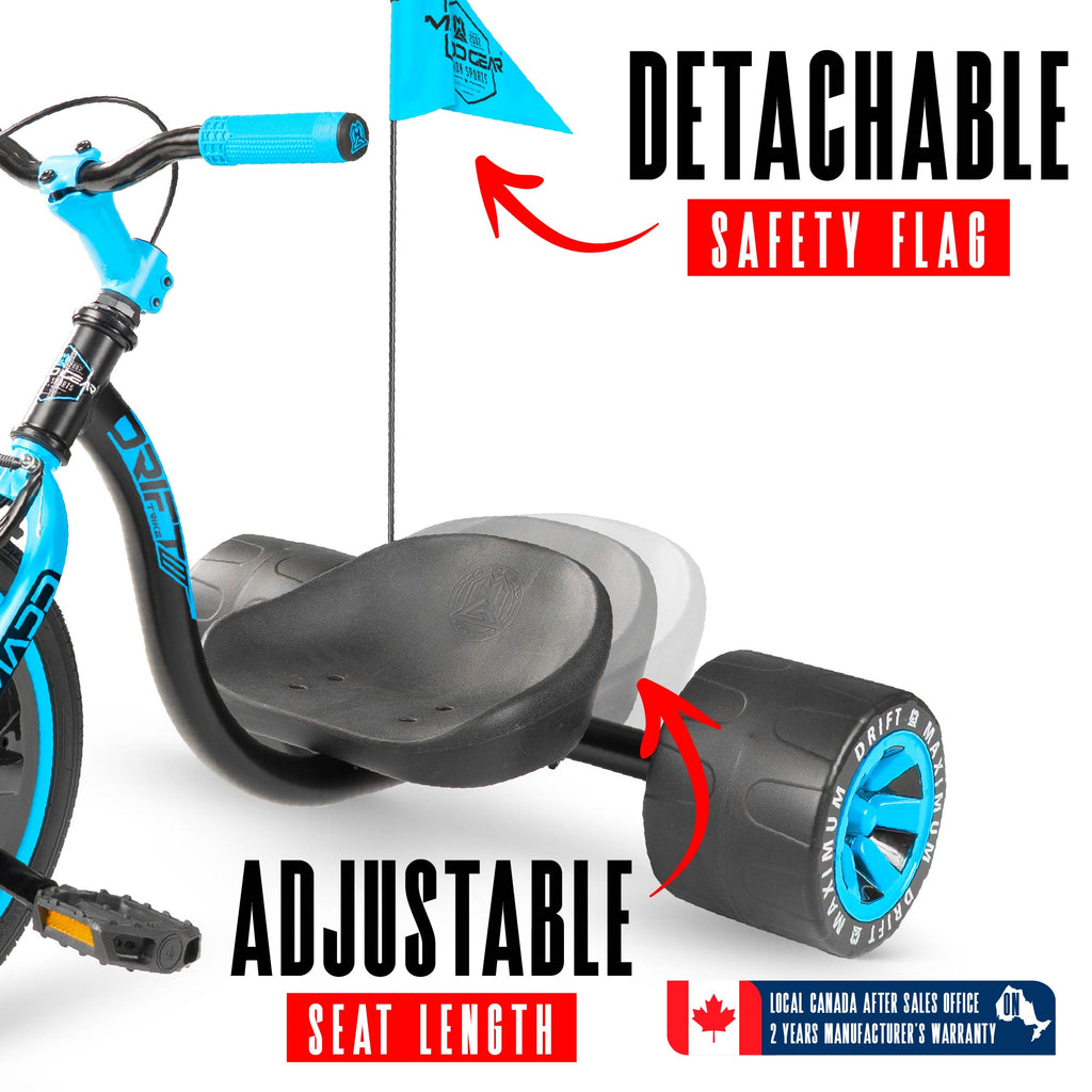 Madd Gear Drift Trike - BLACK/BLUE, detachable flag and adjustable seat detail