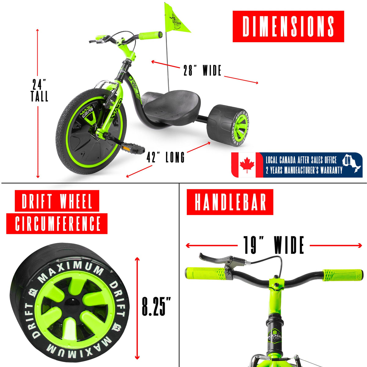 Madd Gear Drift Trike - BLACK/GREEN, dimensions