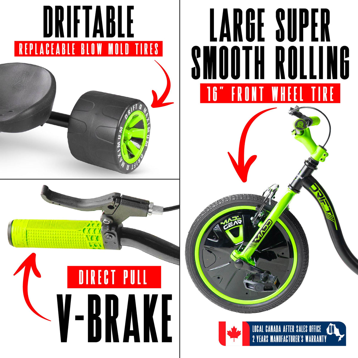 Madd Gear Drift Trike - BLACK/GREEN, drift wheel, front tire and brake detail