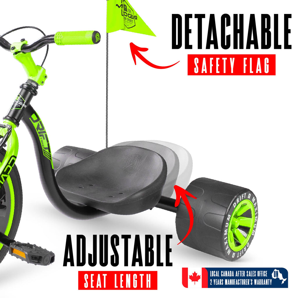 Madd Gear Drift Trike - BLACK/GREEN, detachable flag and adjustable seat detail