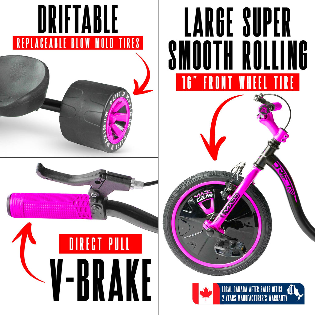 Madd Gear Drift Trike - PINK/BLACK, drift wheel, front tire and brake detail