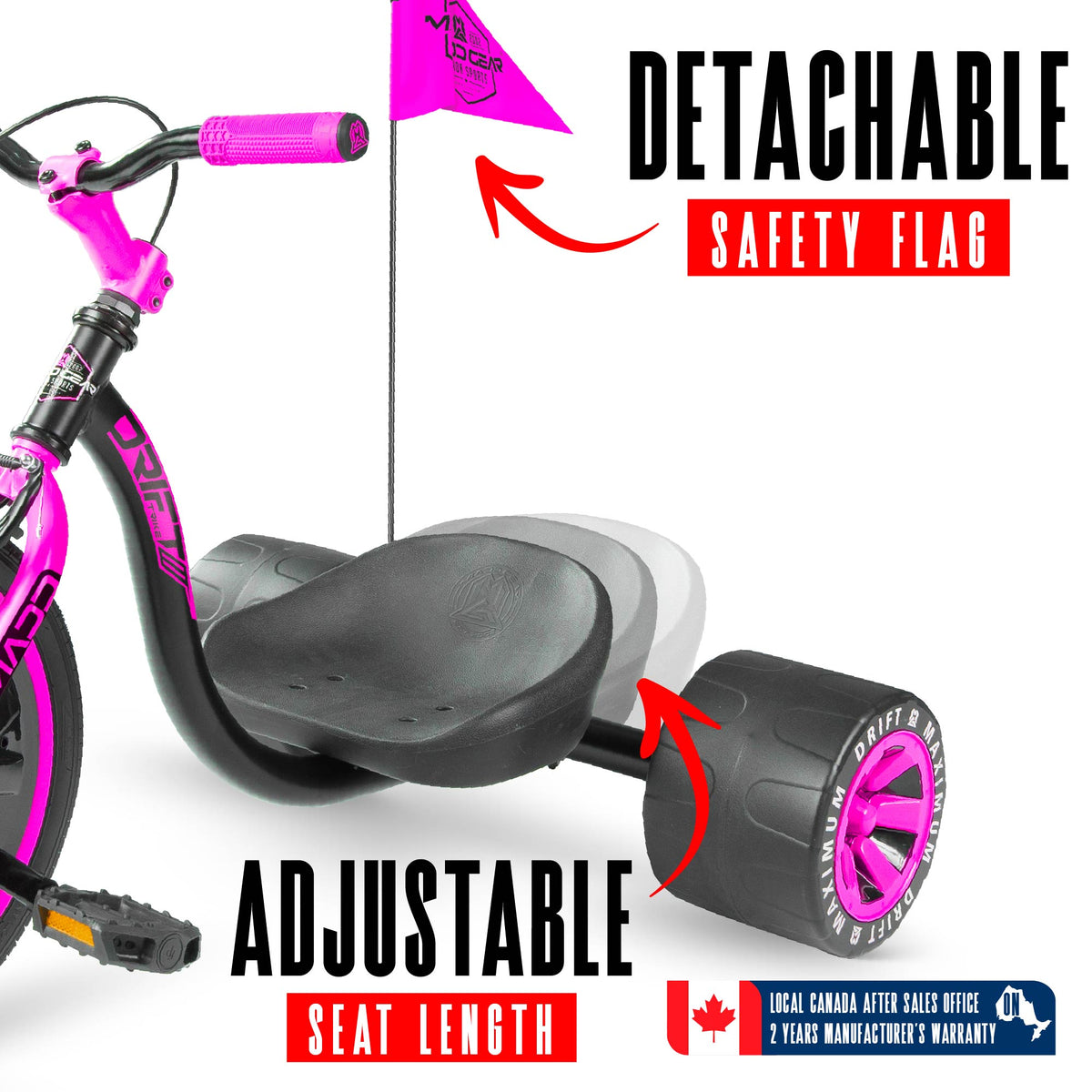 Madd Gear Drift Trike - PINK/BLACK, detachable flag and adjustable seat detail