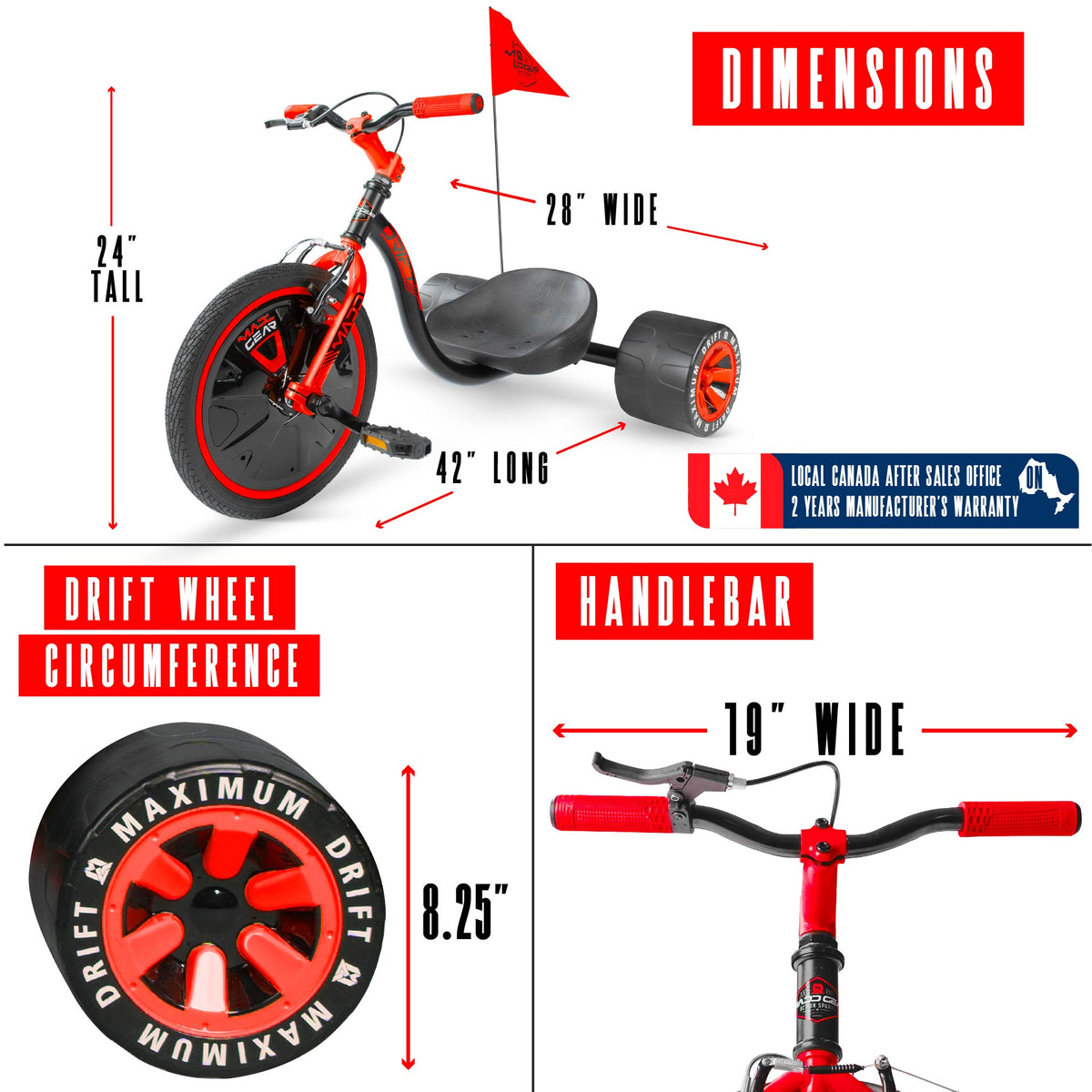 Madd Gear Drift Trike - BLACK/RED, dimensions