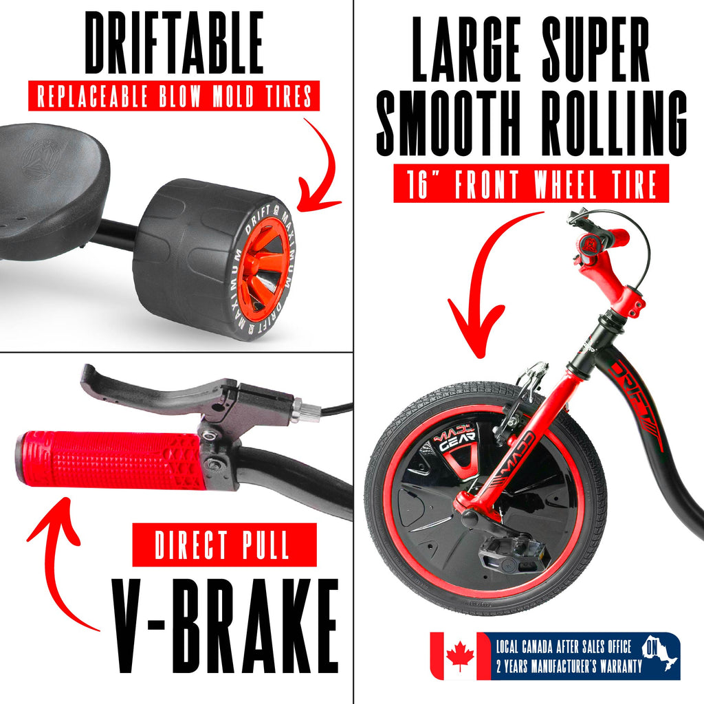 Madd Gear Drift Trike - BLACK/RED, drift wheel, front tire and brake detail