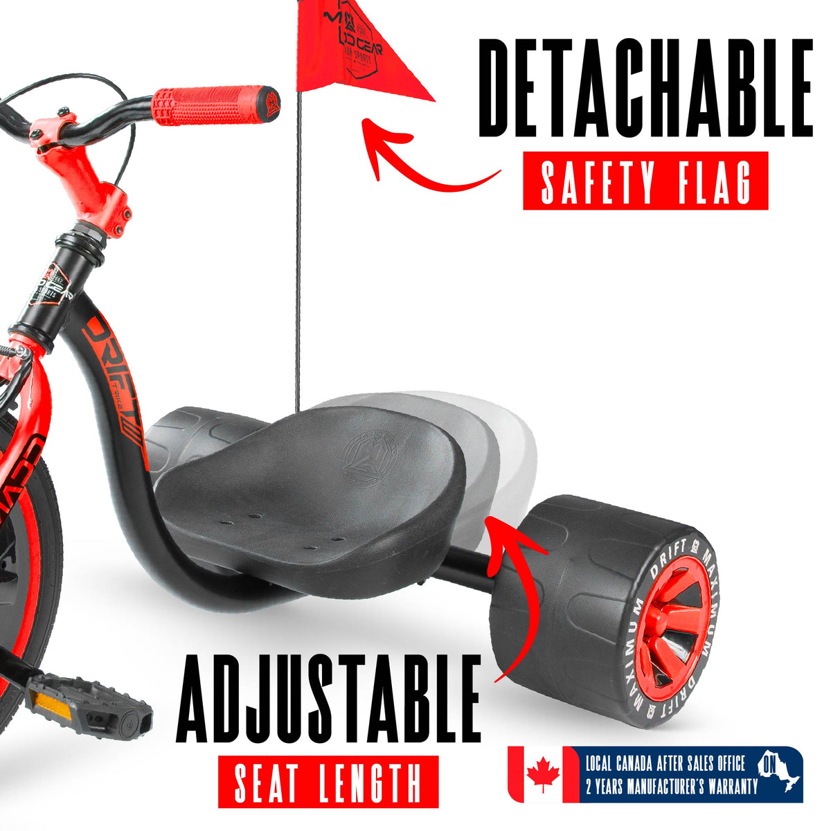 Madd Gear Drift Trike - BLACK/RED, detachable flag and adjustable seat detail