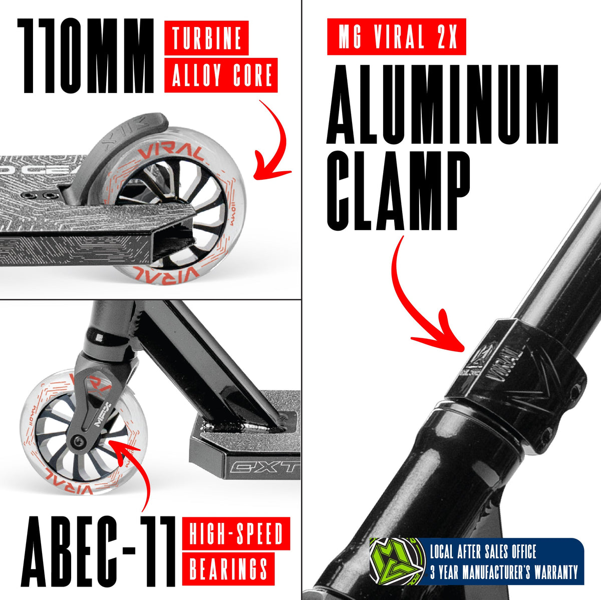 Madd Gear Viral Extreme Pro Stunt Scooter - BLACK SHADOW, wheel and clamp detail