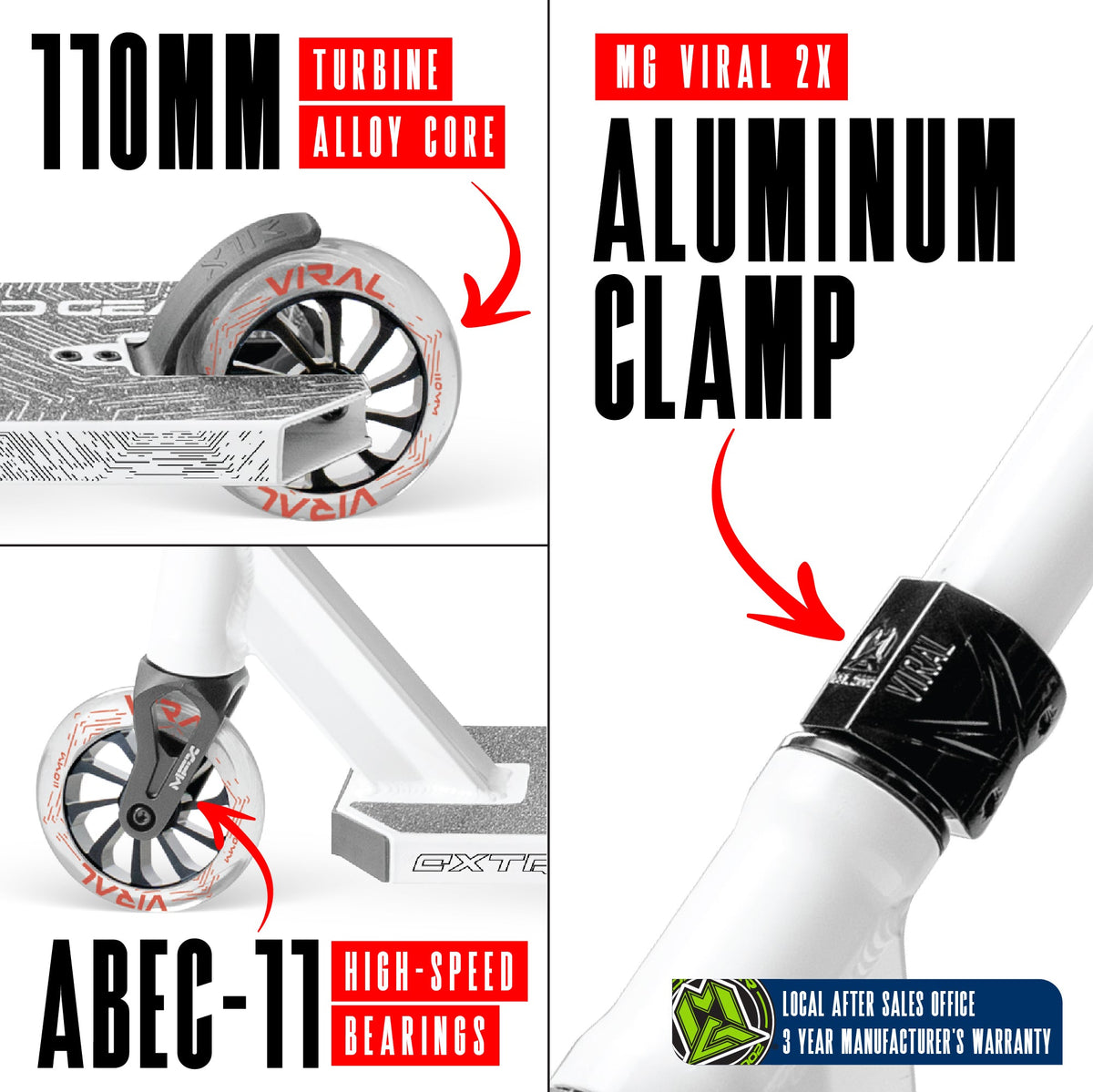 Madd Gear Viral Extreme Pro Stunt Scooter - BRIGHT WHITE, wheel and clamp detail