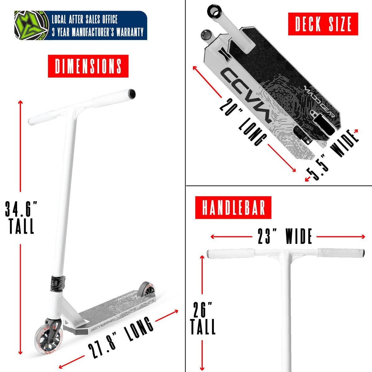 Madd Gear Viral Extreme Pro Stunt Scooter - BRIGHT WHITE, dimensions