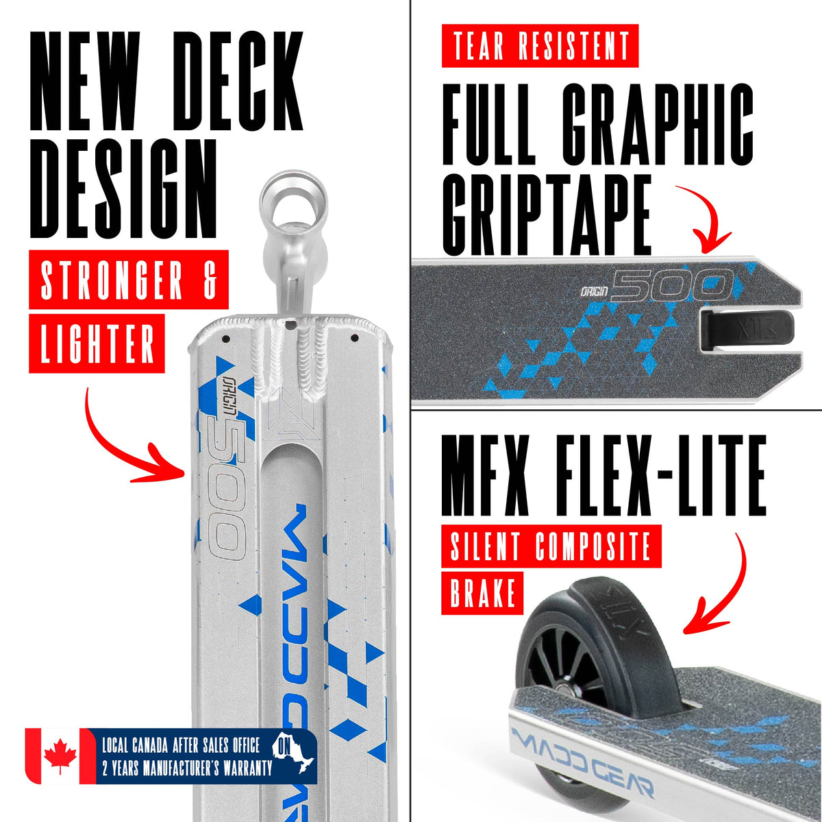 Madd Gear Origin 500 Pro Stunt Scooter - SILVER/BLUE, deck and brake detail