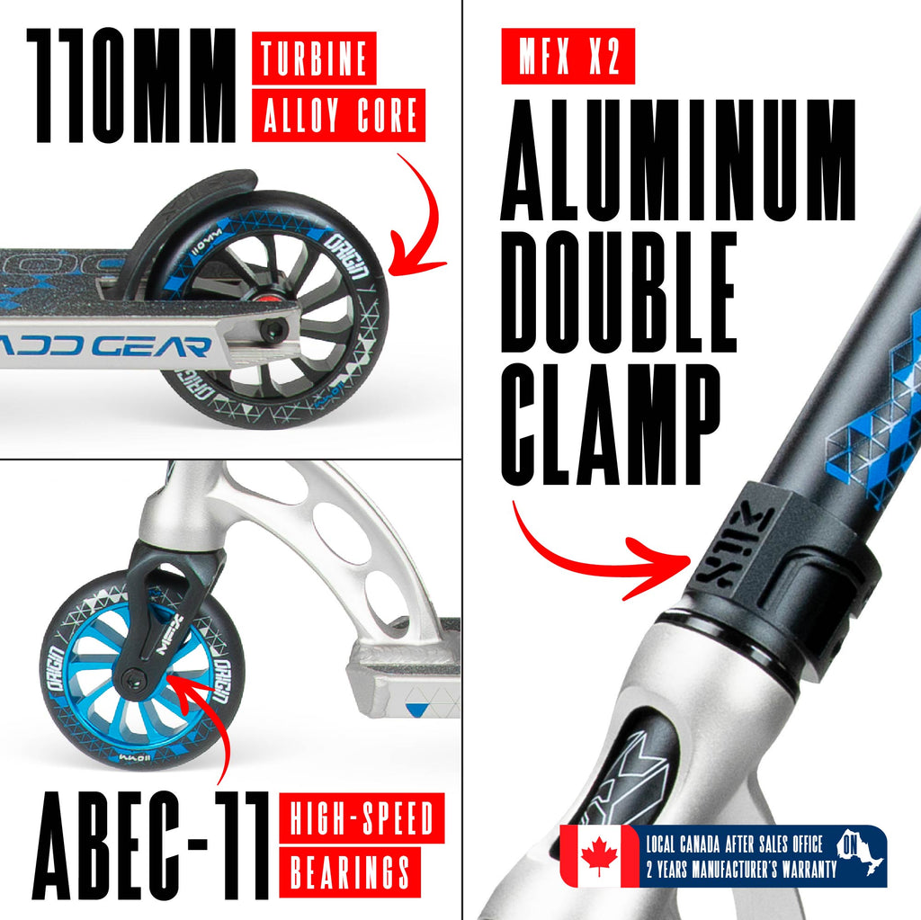 Madd Gear Origin 500 Pro Stunt Scooter - SILVER/BLUE, wheel and clamp detail