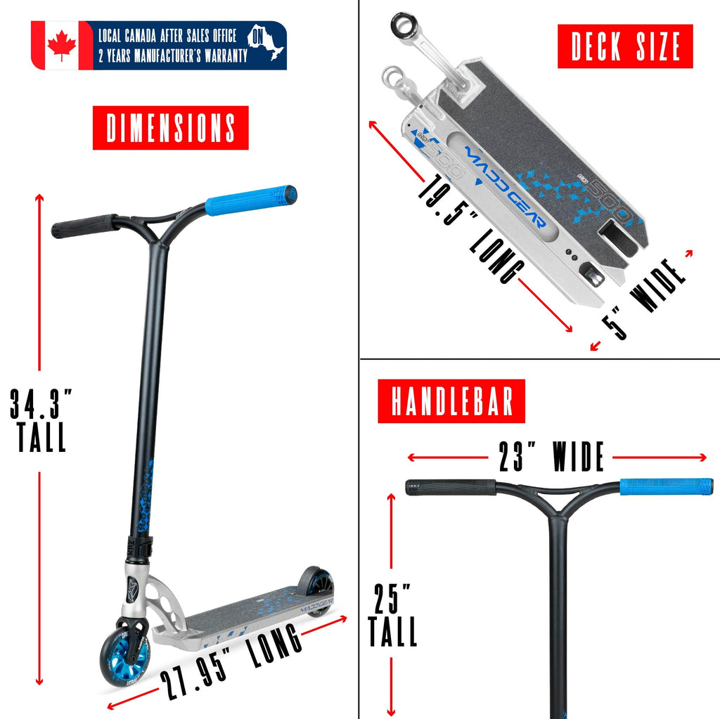 Madd Gear Origin 500 Pro Stunt Scooter - SILVER/BLUE, dimensions