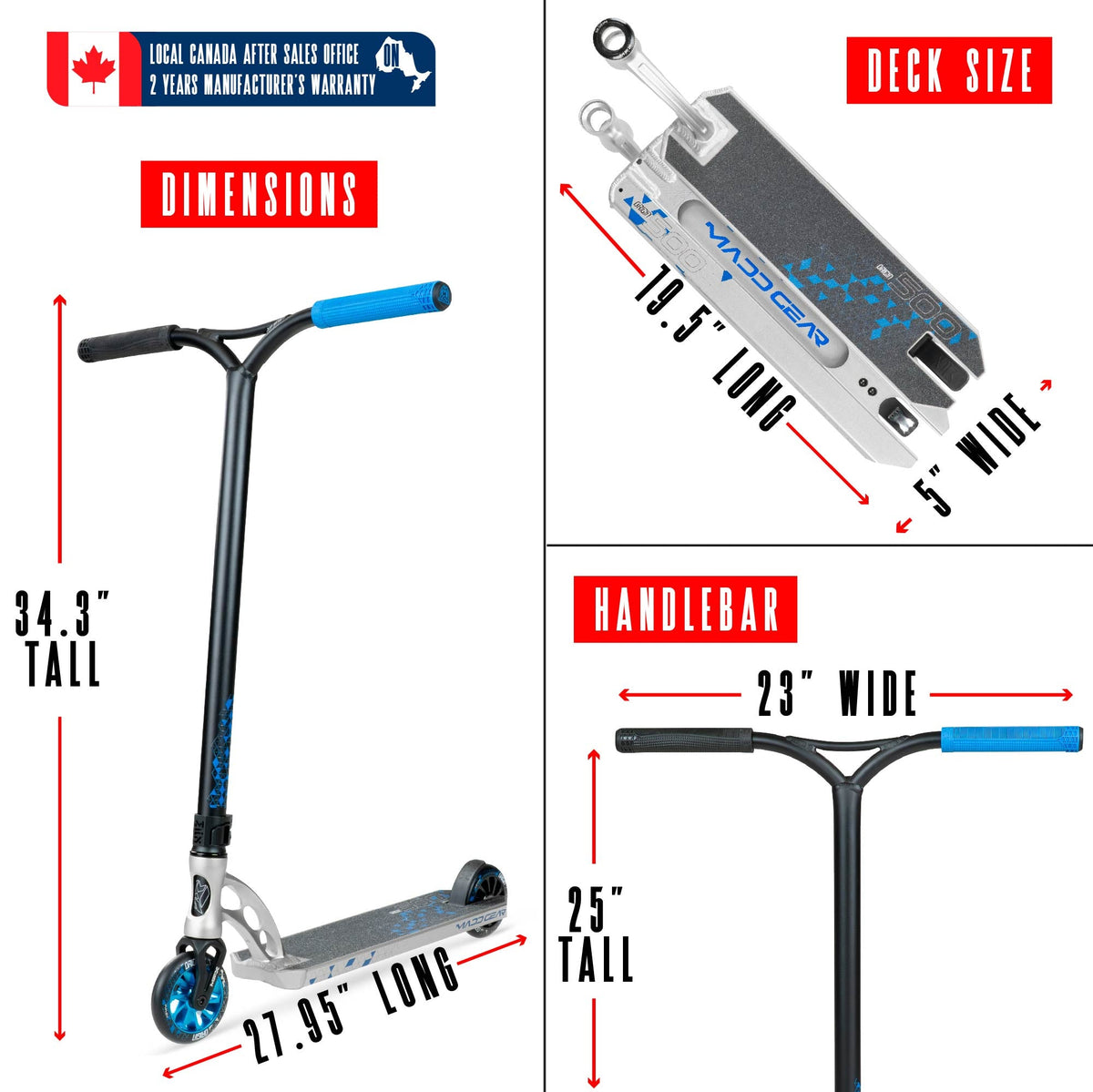 Madd Gear Origin 500 Pro Stunt Scooter - SILVER/BLUE, dimensions