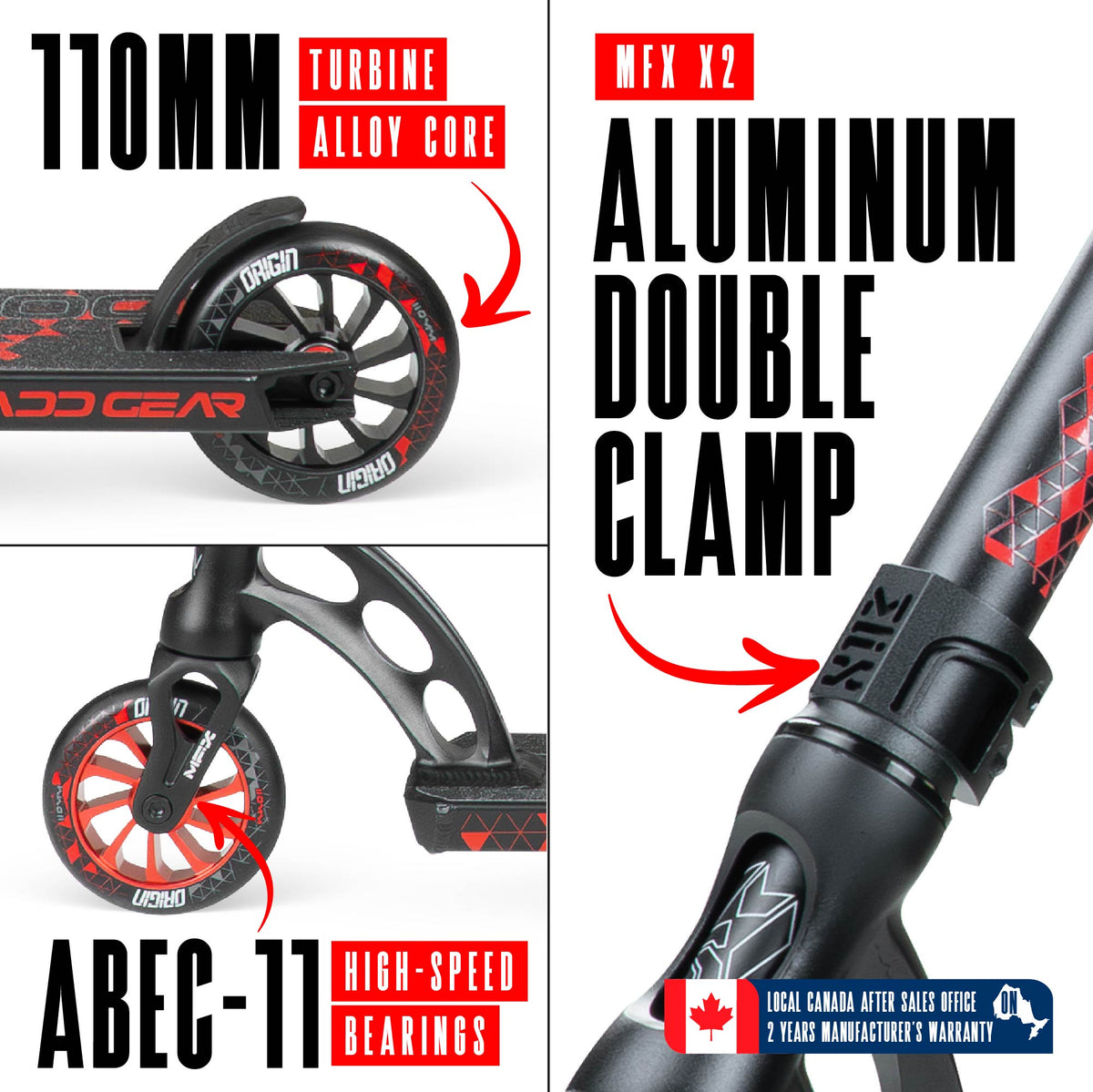 Madd Gear Origin 500 Pro Stunt Scooter - BLACK/RED, wheel and clamp detail