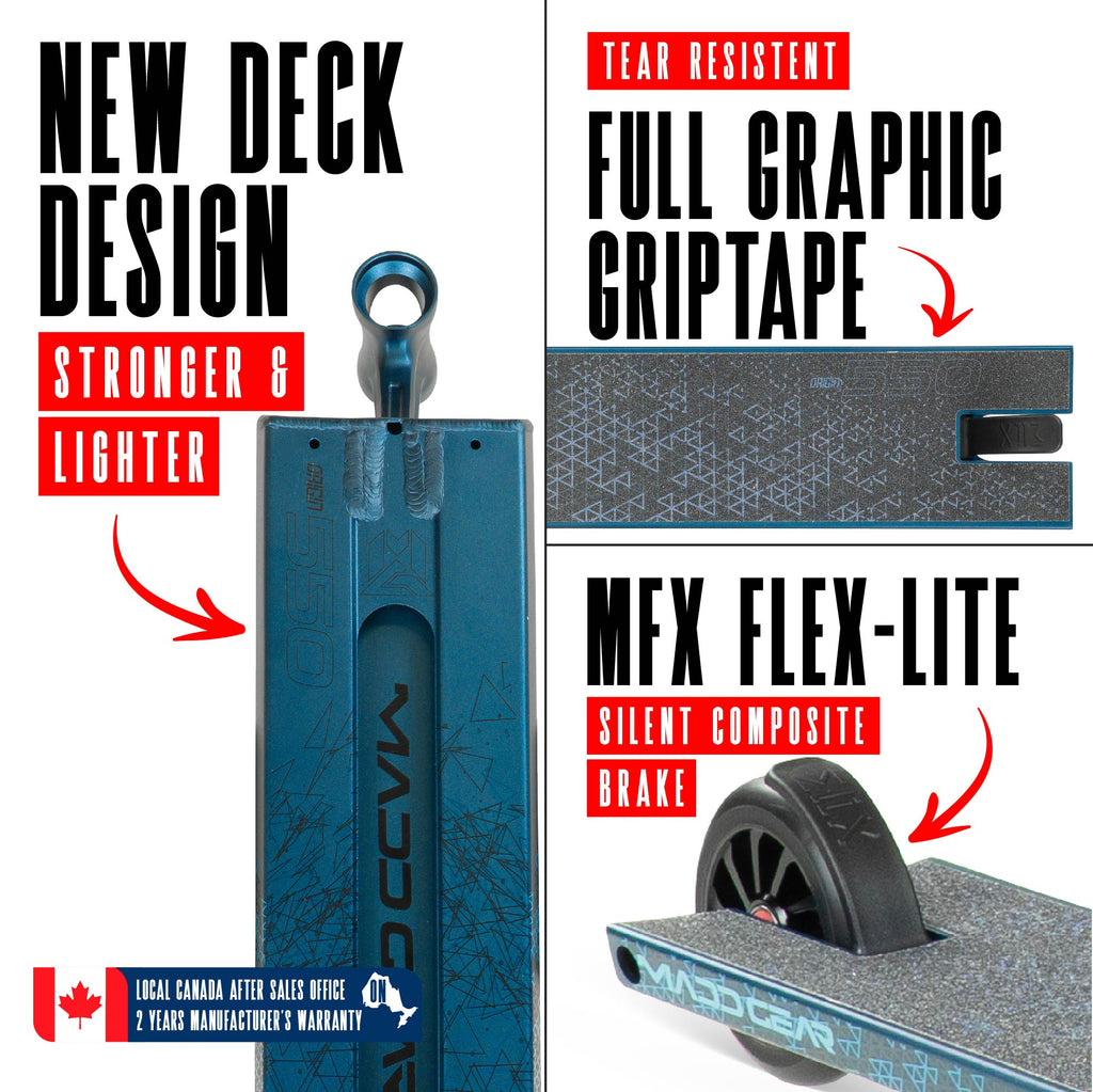 Madd Gear Origin 550 Pro Stunt Scooter - DENIM BLUE, deck and brake detail