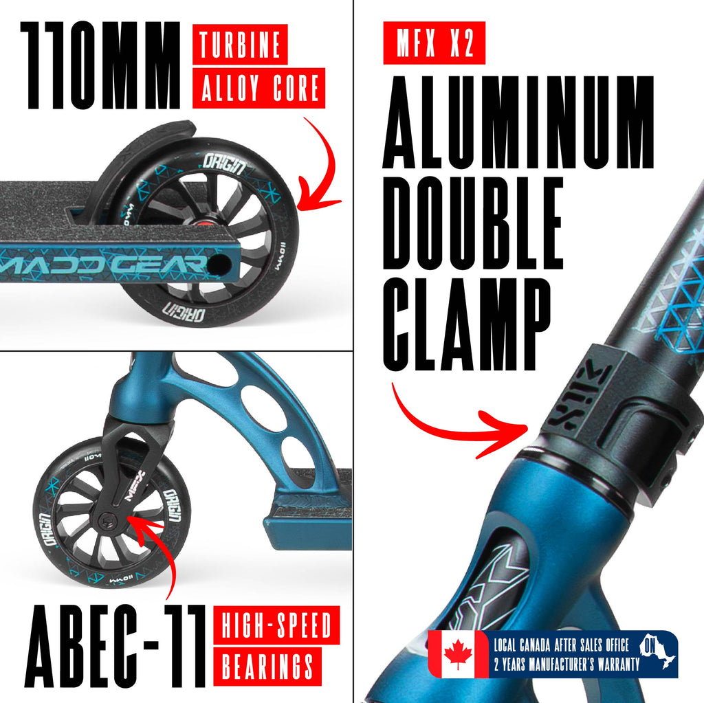 Madd Gear Origin 550 Pro Stunt Scooter - DENIM BLUE, wheel and clamp detail