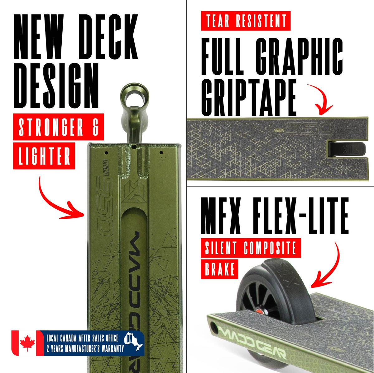 Madd Gear Origin 550 Pro Stunt Scooter - OLIVE FATIGUE, deck and brake detail