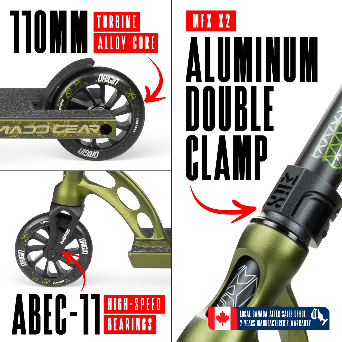 Madd Gear Origin 550 Pro Stunt Scooter - OLIVE FATIGUE, wheel and clamp detail
