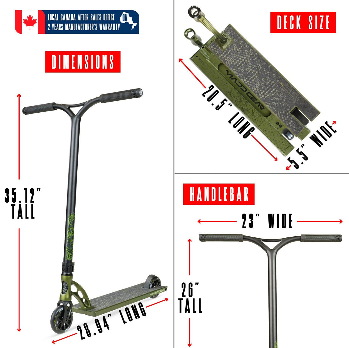 Madd Gear Origin 550 Pro Stunt Scooter - OLIVE FATIGUE, dimensions