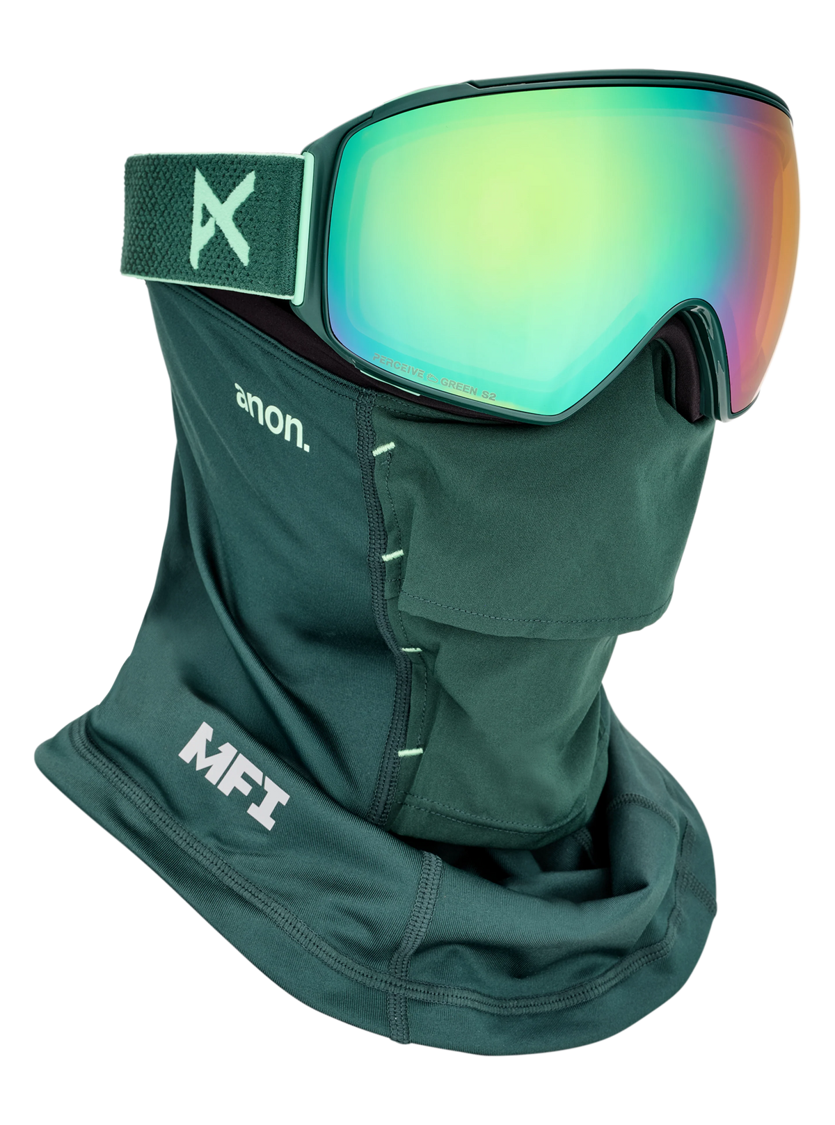 Anon M4 Goggles (Toric) + Bonus Lens + MFI Face Mask - Brunswick Green/Variable Green, shown with MFI face mask