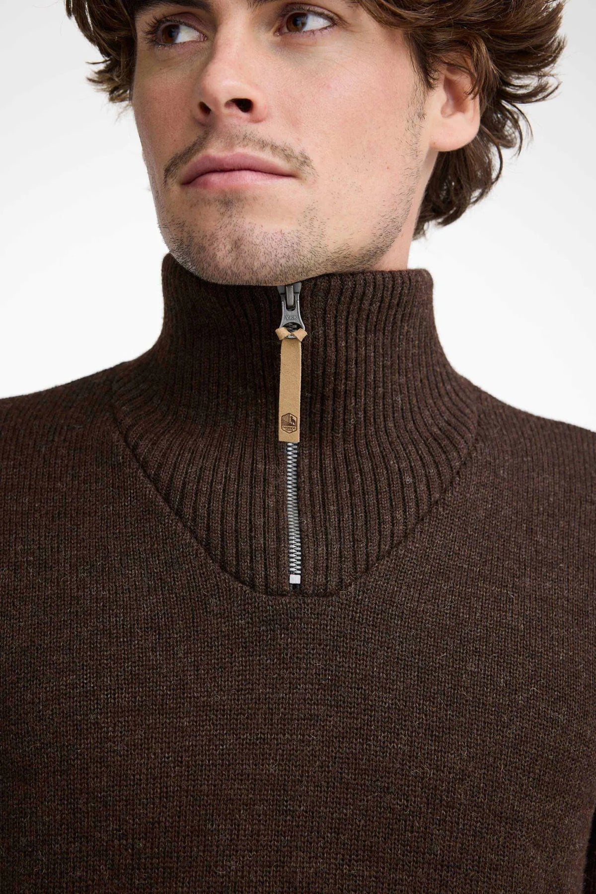Ivanhoe of Sweden Men's NLS Elm 1/4 Zip Wool Sweater - Coffee Bean, collar and zip detail