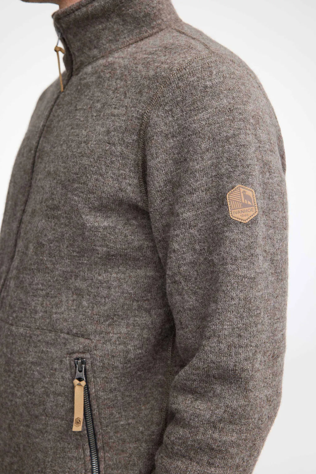 Ivanhoe of Sweden Men's NLS Sap Full Zip Wool Sweater - Nutmeg, sleeve patch detail