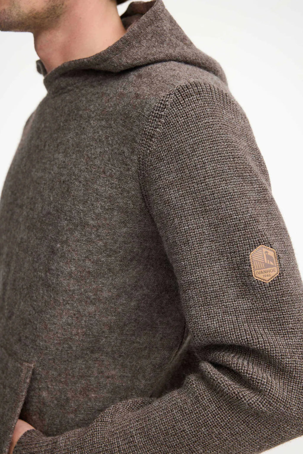 Ivanhoe of Sweden Men's NLS Pentland Hood Wool Sweater - Nutmeg, sleeve patch detail