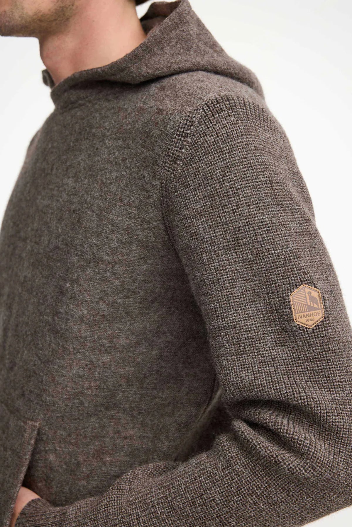 Ivanhoe of Sweden Men's NLS Pentland Hood Wool Sweater - Nutmeg, sleeve patch detail