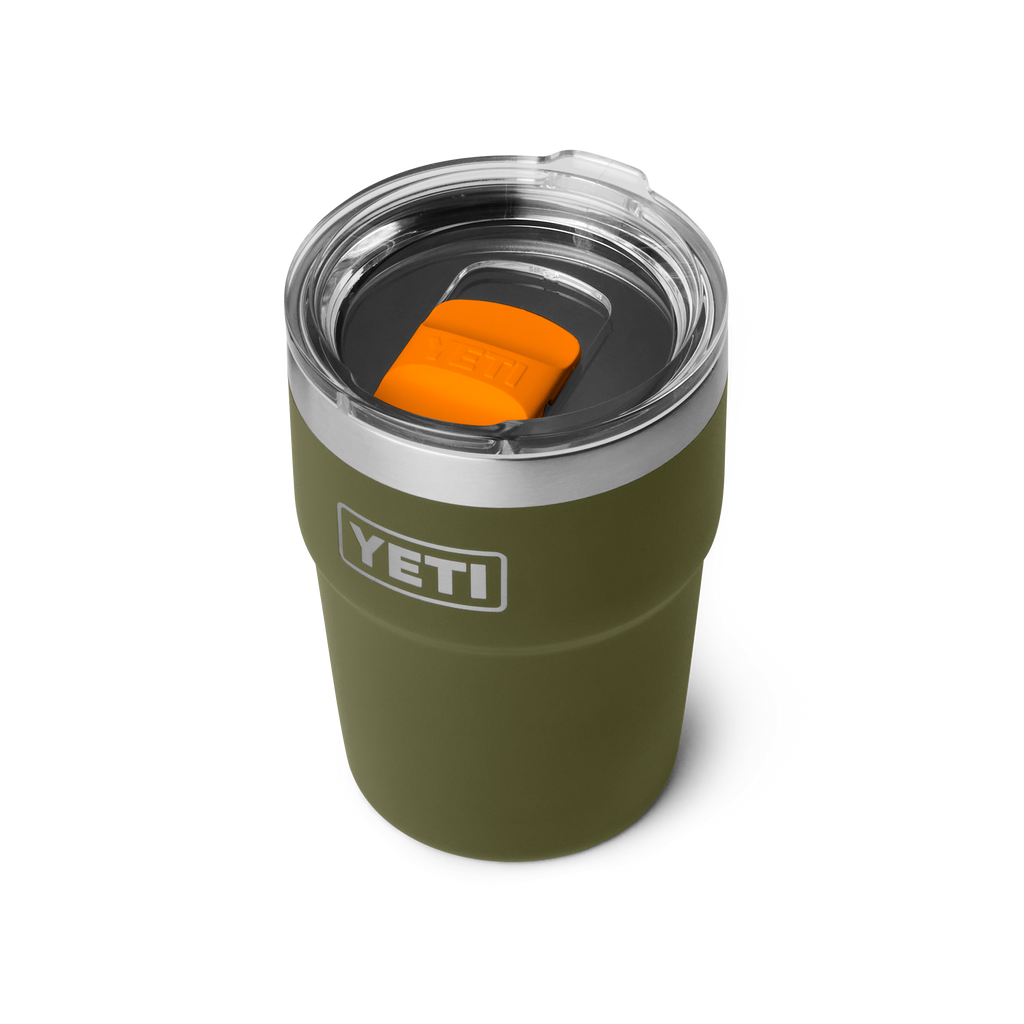 Yeti Rambler 16oz Stackable Cup with Magslider Lid - Olive/King Crab Orange, three-quarter view