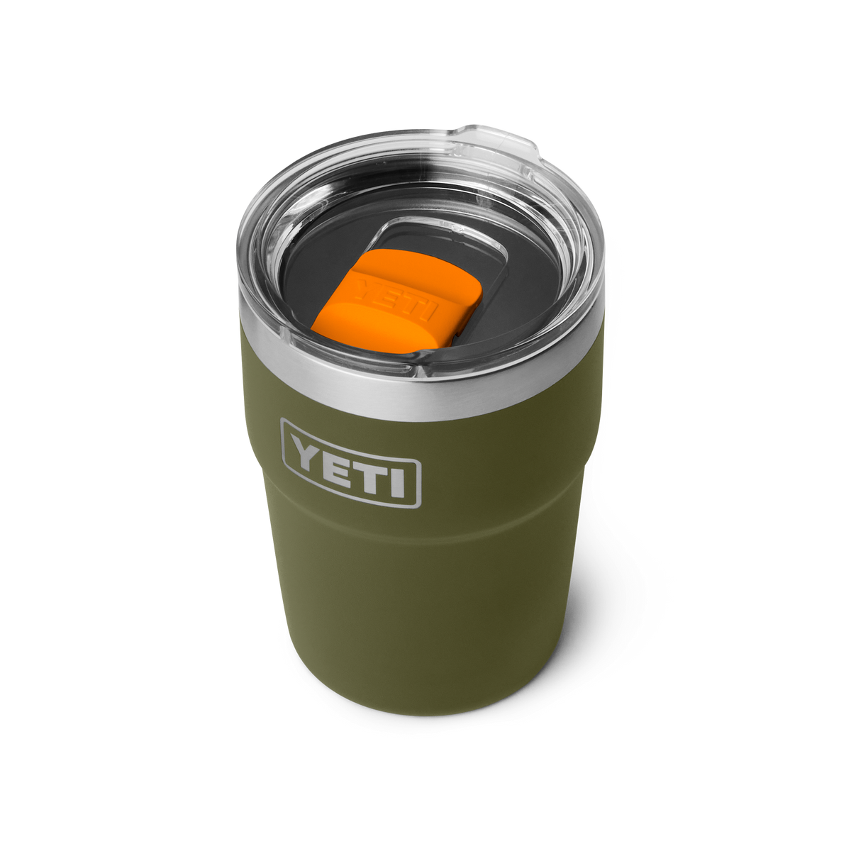 Yeti Rambler 16oz Stackable Cup with Magslider Lid - Olive/King Crab Orange, three-quarter view