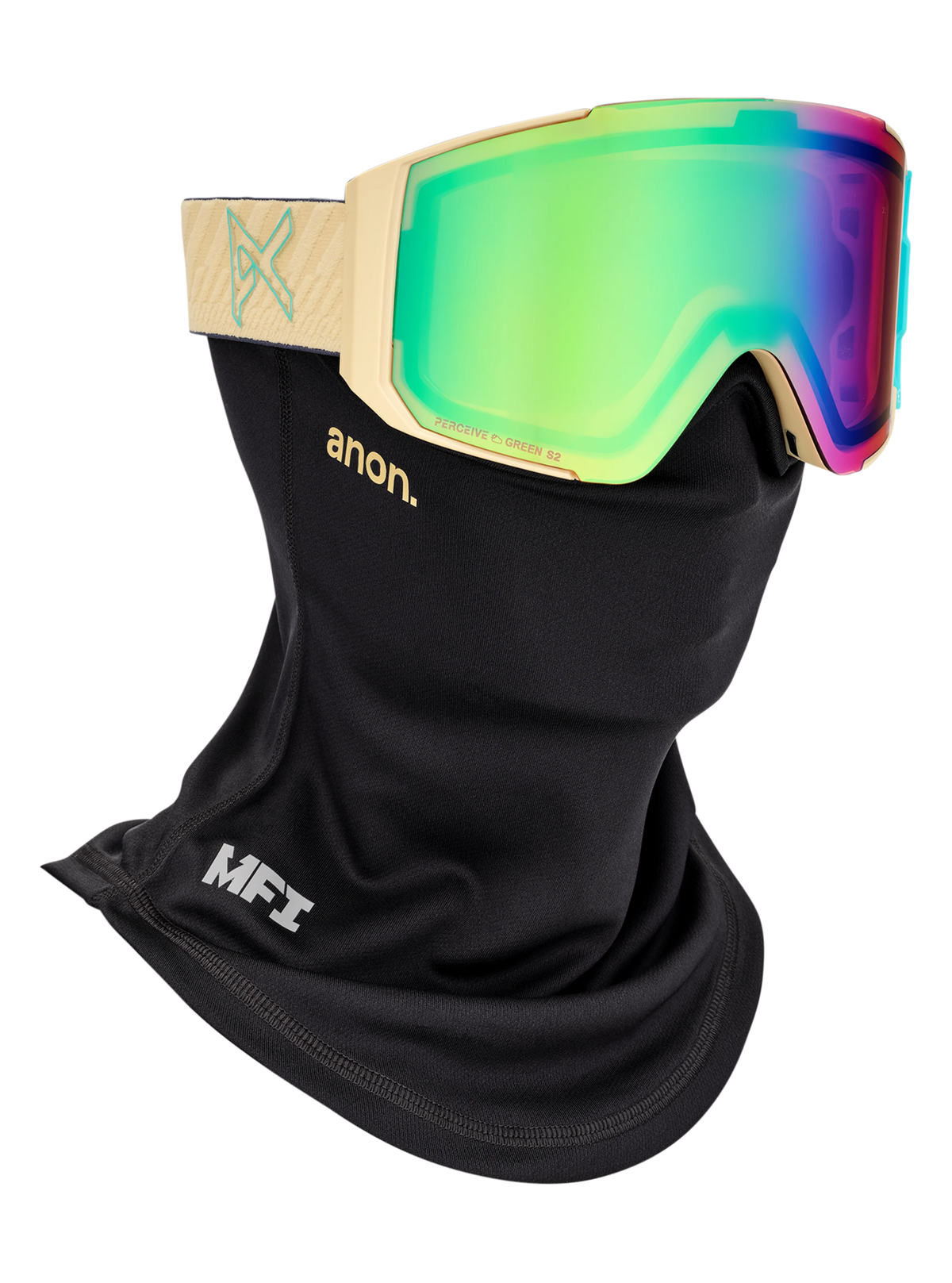 Anon Sync Goggles + Bonus Lens - Beechwood/Perceive Variable Green, shown with MFI face mask