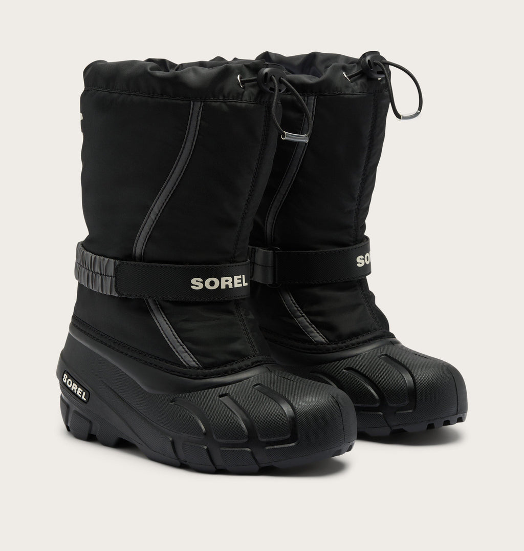 Sorel Big Kids Flurry Winter Boot in Black/Sea Salt - pair three-quarter