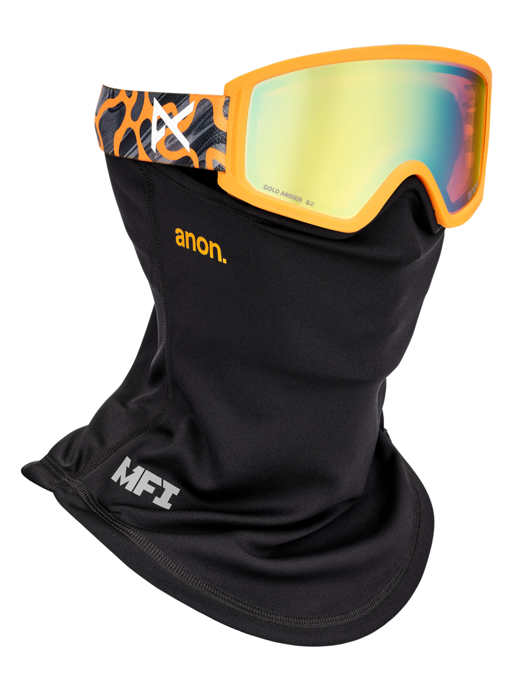 Anon Tracker 2.0 Goggles + MFI Face Mask - Blobs/Gold Amber, shown with MFI face mask