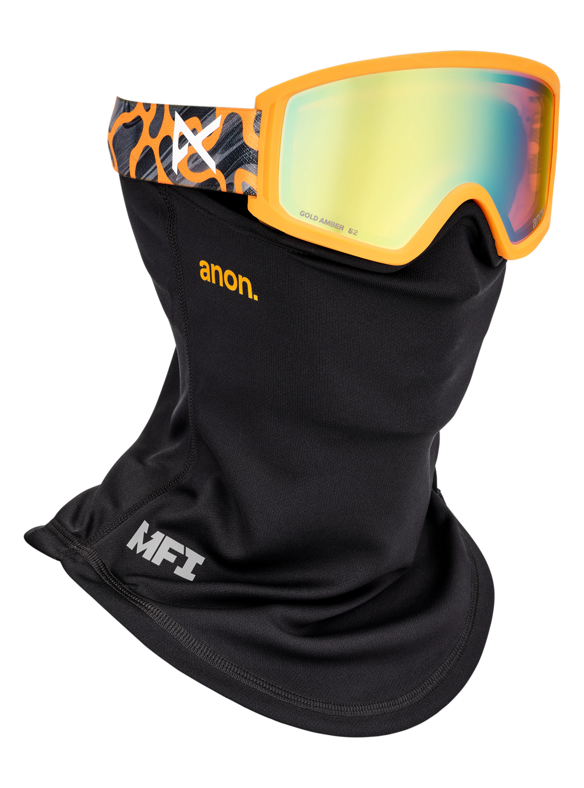 Anon Tracker 2.0 Goggles + MFI Face Mask - Blobs/Gold Amber, shown with MFI face mask
