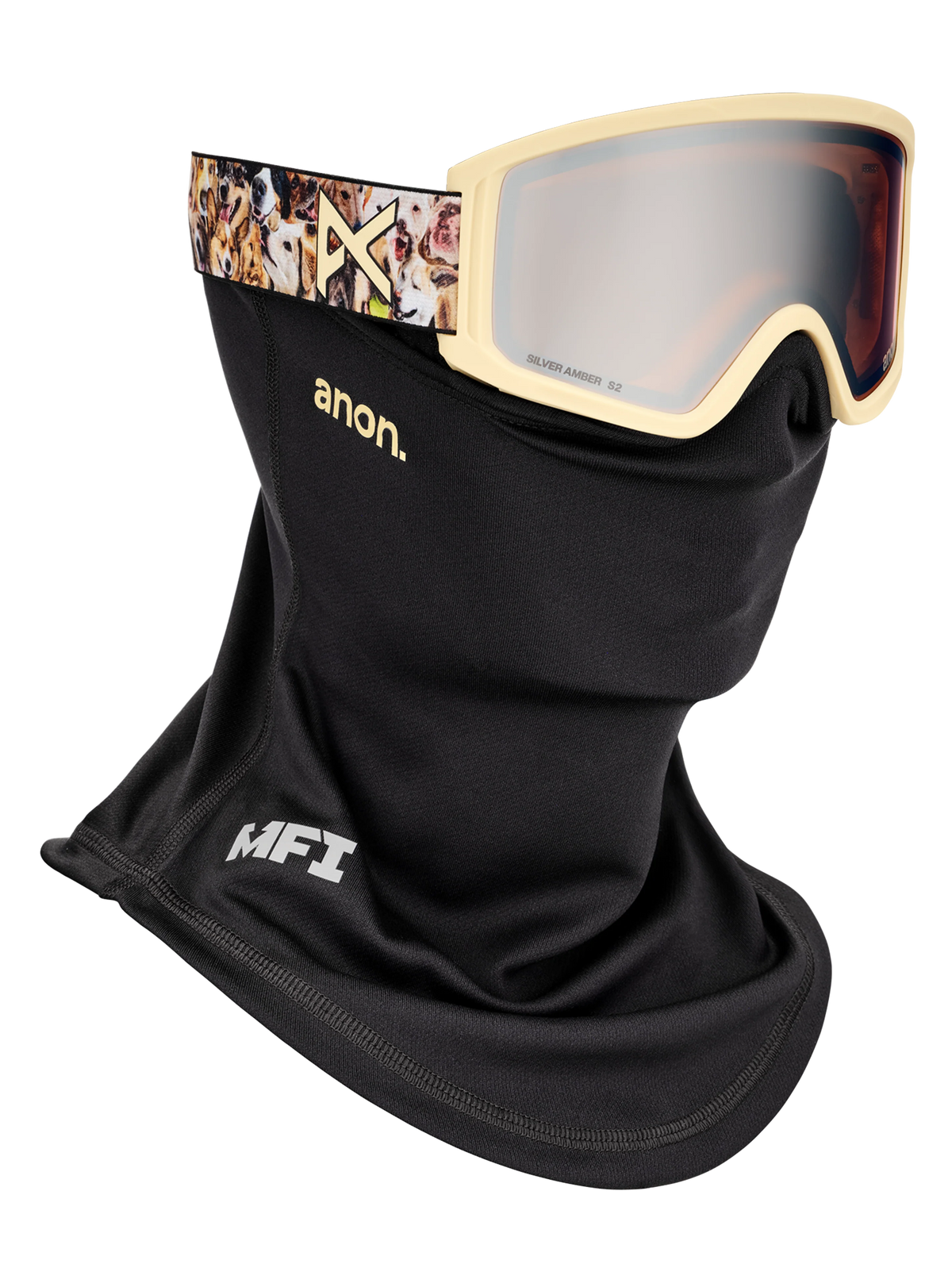 Anon Tracker 2.0 Goggles + MFI Face Mask - Shop Dogs/Silver Amber, shown with MFI face mask