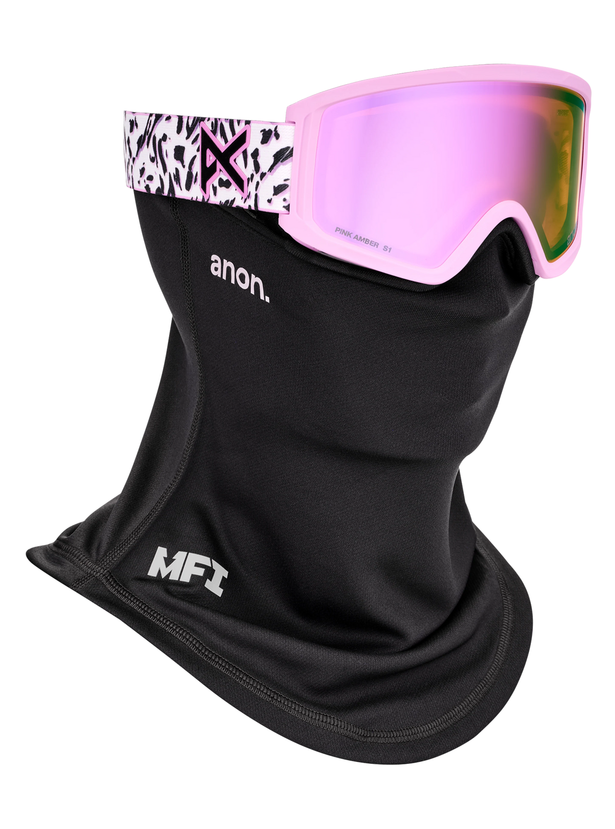 Anon Tracker 2.0 Goggles + MFI Face Mask - Leopard Pink/Amber, shown with MFI face mask